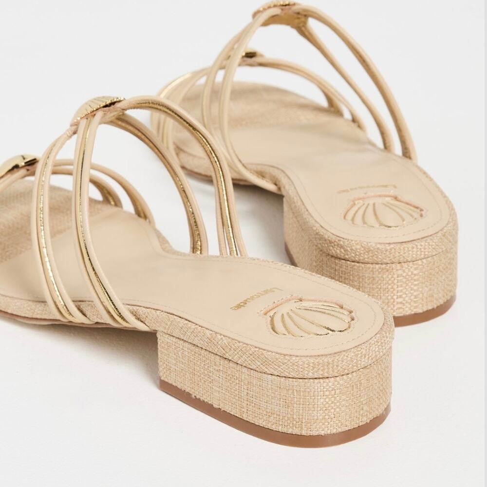 Larroudé Shelly Mule Sandal Strappy Leather Beige Gold Seashell Accent Size 7 - Picture 3 of 16